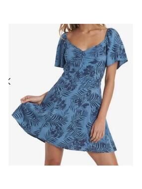 Roxy Blue Tropical Palm Floral Puff Sleeve V-Neck Flared Mini Dress Sz M